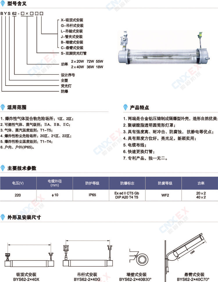 防爆荧光灯BYS62-(IIB/IIC/DIP)的型号、参数、安装尺寸