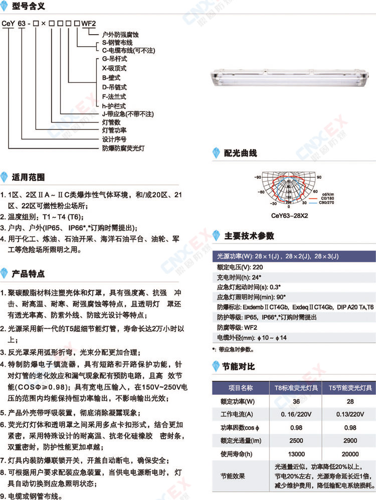 防爆荧光灯CeY63(T5节能灯管)的型号含义、适用范围、参数