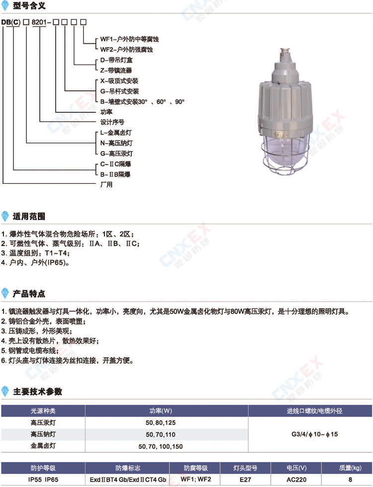 DB(C)8201-隔爆型防爆灯(IIB/IIC/DIP)的型号、特点、参数