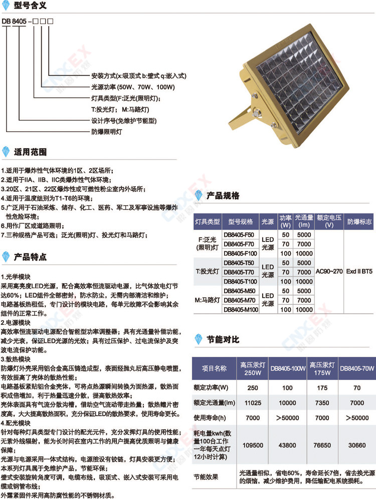 DB8405系列防爆高效节能LED泛光灯(IIB/DIP)的型号及特点