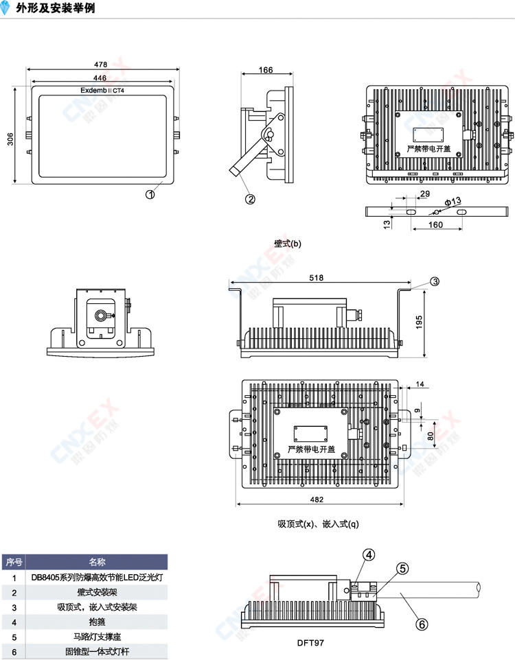 DB8405系列防爆高效节能LED泛光灯(IIB/DIP)的外形安装举例一