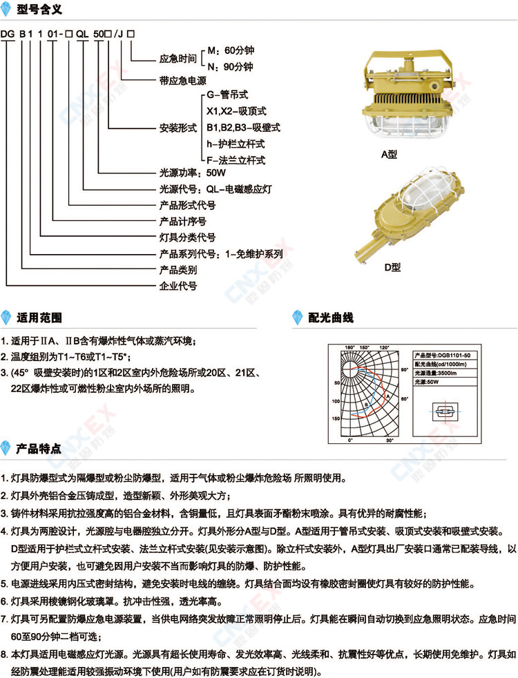 DGB1101-□QL50免维护节能防爆灯的型号、特点