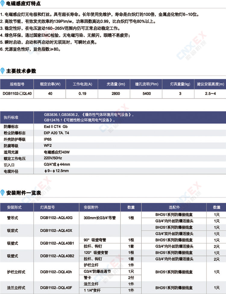 DGB1102-□QL40免维护节能防爆灯的参数、电磁感应灯特点、安装附件