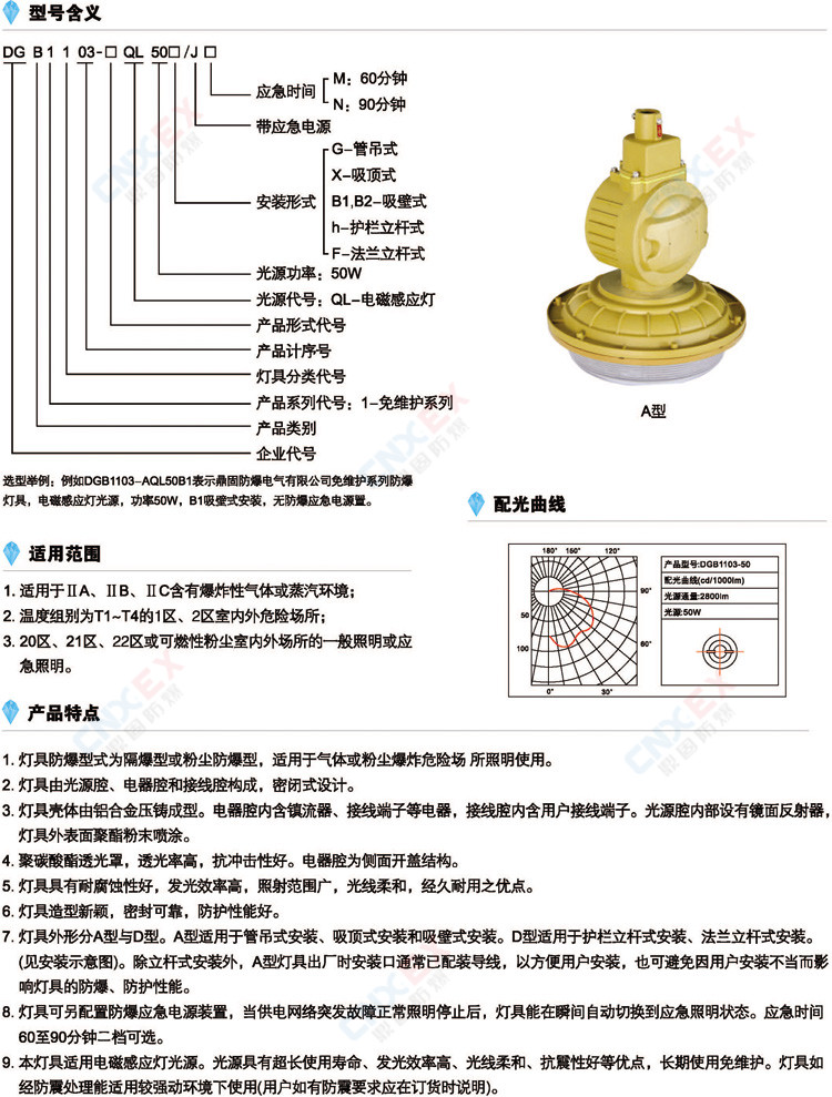 DGB1103-□QL50免维护节能防爆灯的型号、特点