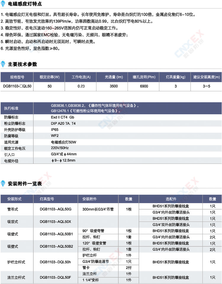 DGB1103-□QL50免维护节能防爆灯的参数、电磁感应灯特点、安装附件