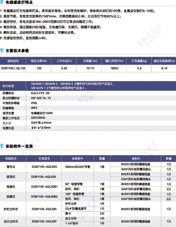 DGB1105-□QL120免维护节能防爆灯的参数、电磁感应灯特点、安装附件