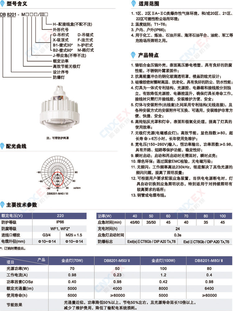 DB8201-MIII系列防爆高效节能无极灯(IIB/IIC/DIP)的型号、特点、参数