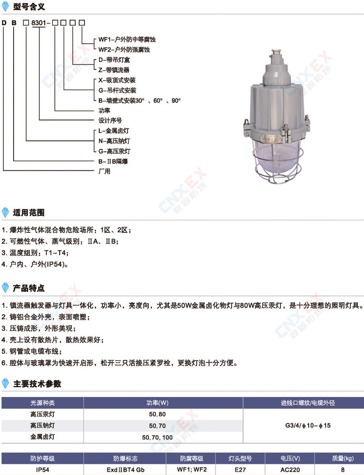 DB□8301-隔爆型防爆灯(IIB/DIP)的型号、特点、参数