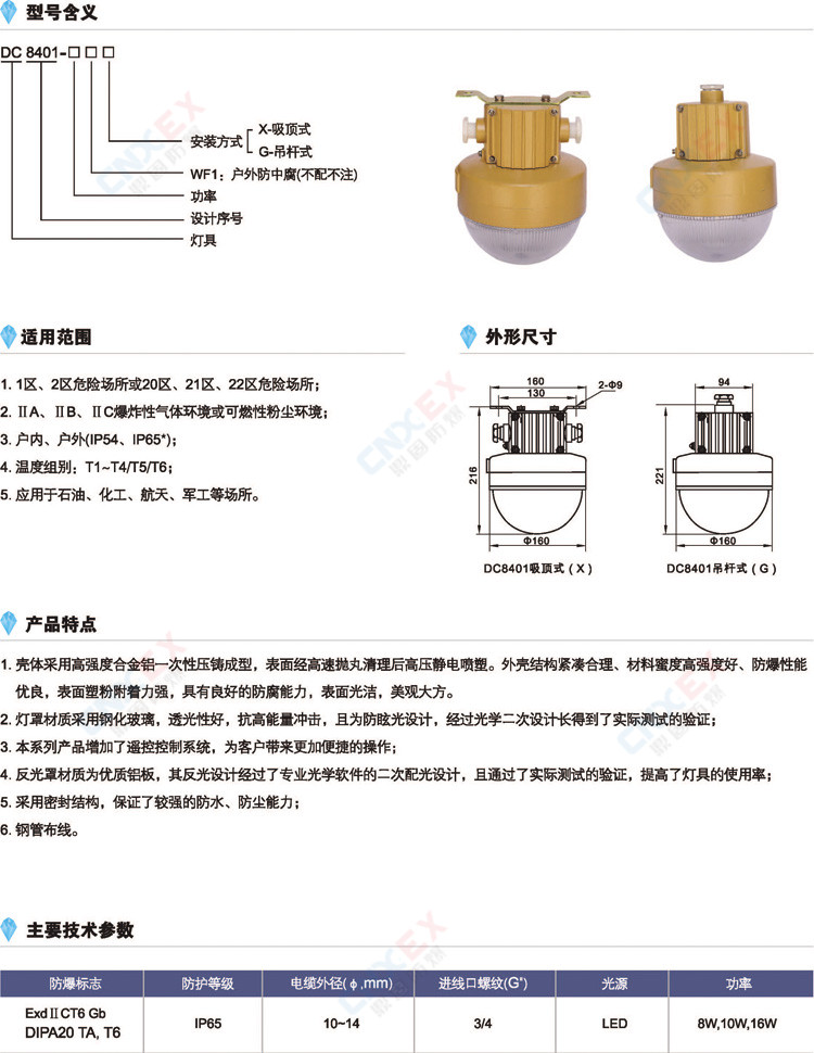 DC8401-系列防爆高效节能LED灯(IIB/IIC/DIP)的型号、特点、参数