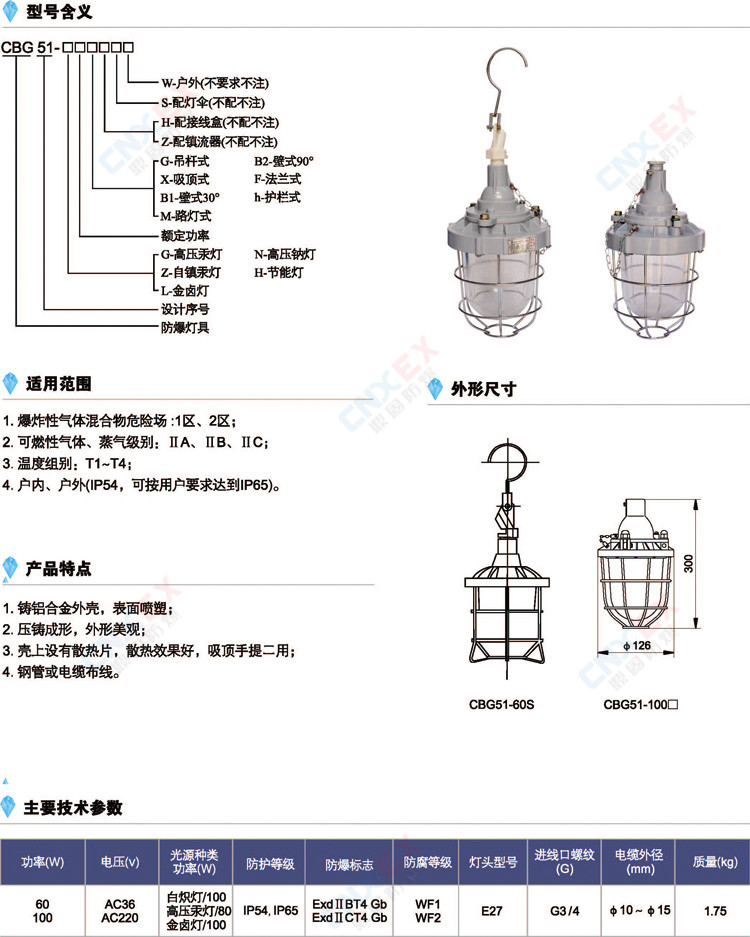 CBG51隔爆型防爆灯(IIB/IIC)的型号含义、特点、参数