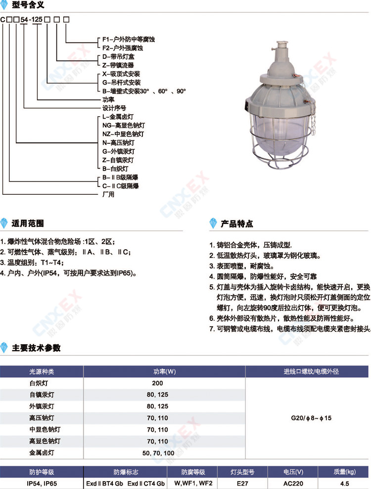 CCG54-125隔爆型防爆灯(IIB/IIC)的型号、特点、参数