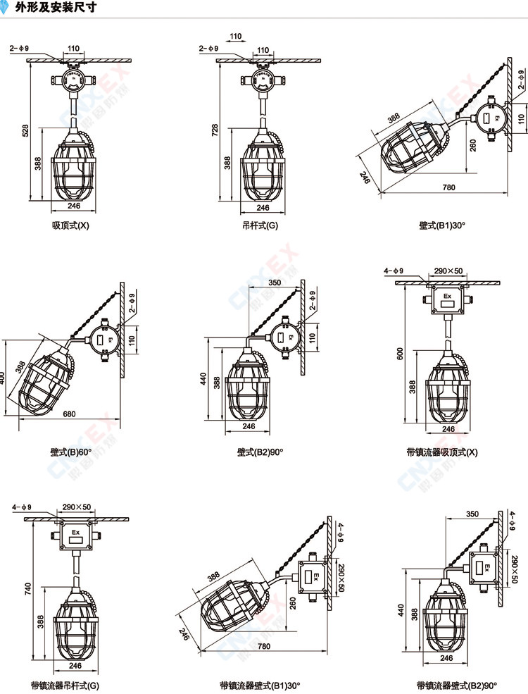 CBG56-250隔爆型防爆灯(IIB/IIC)的外形及安装尺寸
