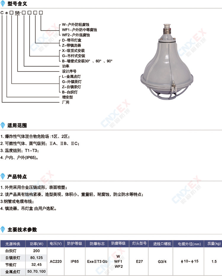 CeG58-125增安型防爆灯(e)的型号、特点、参数