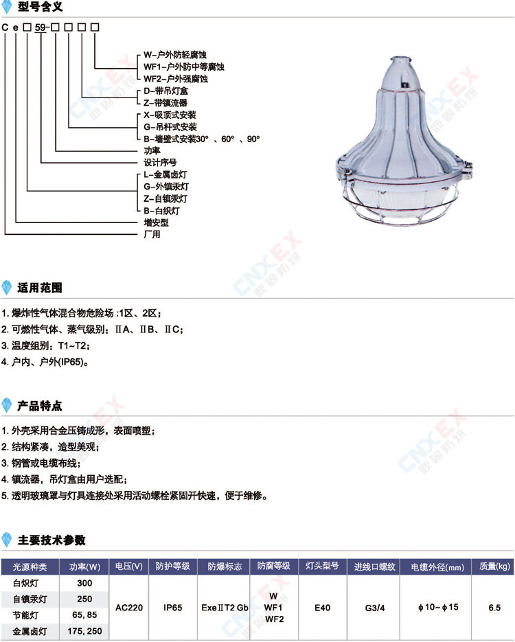 CeG59-125增安型防爆灯(e)的型号、特点、参数