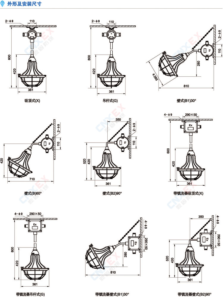CeG59-125增安型防爆灯(e)的外形及安装尺寸