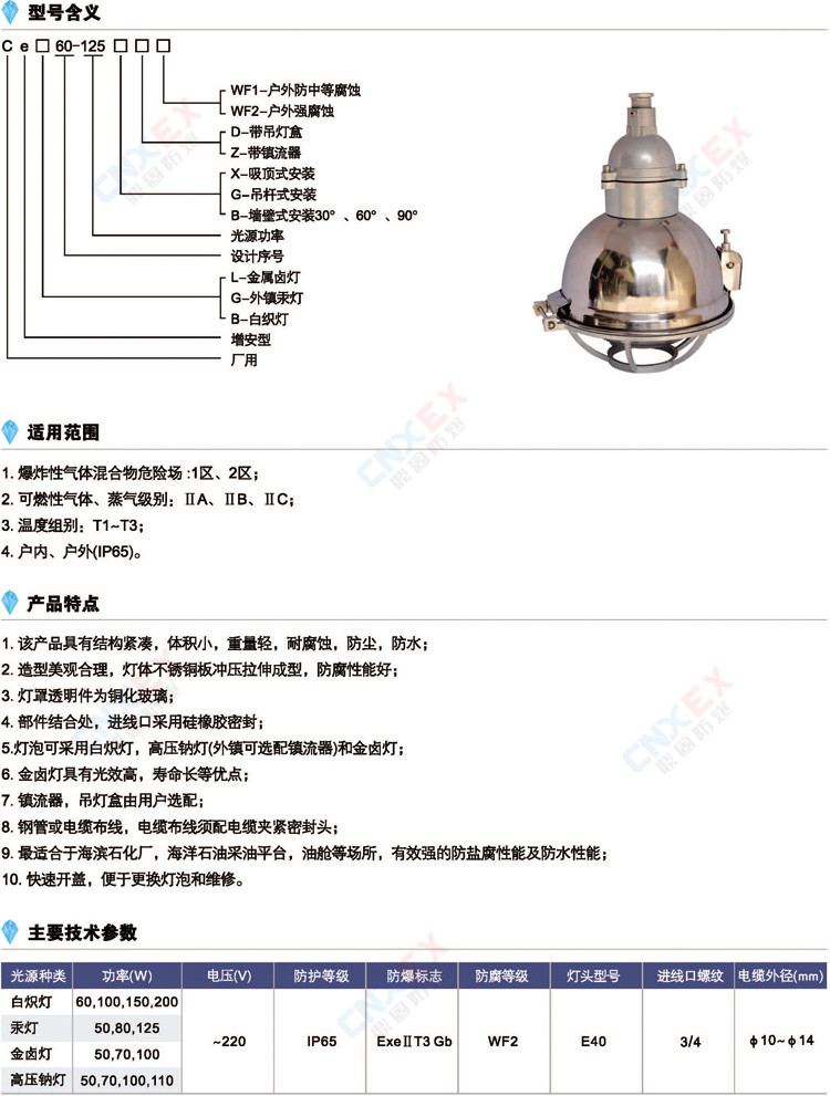 CeG60-125增安型不锈钢防腐防爆灯(e)的型号、特点、参数