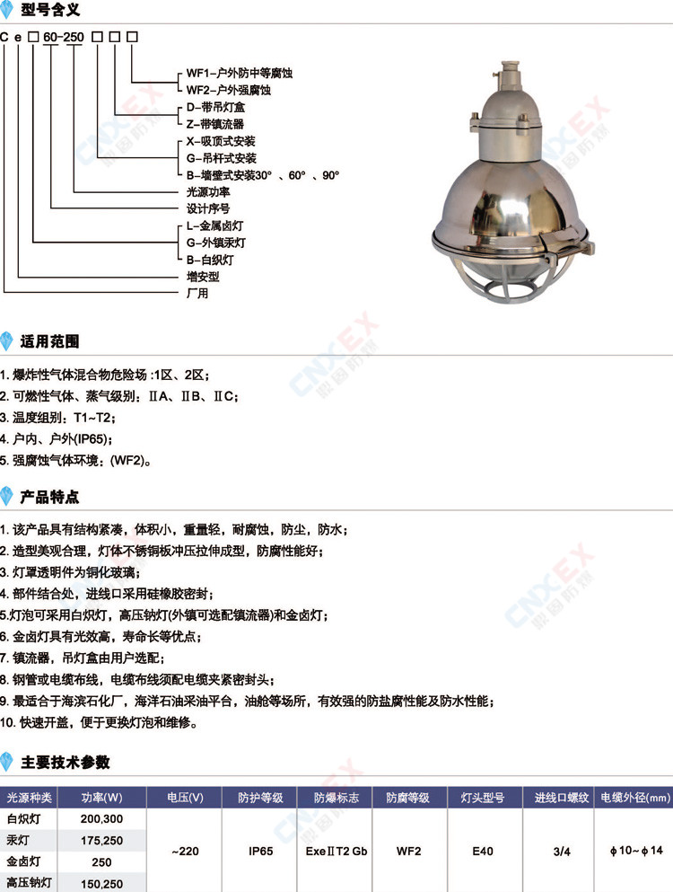 CeG60-250增安型不锈钢防腐防爆灯(e)的型号、特点、参数