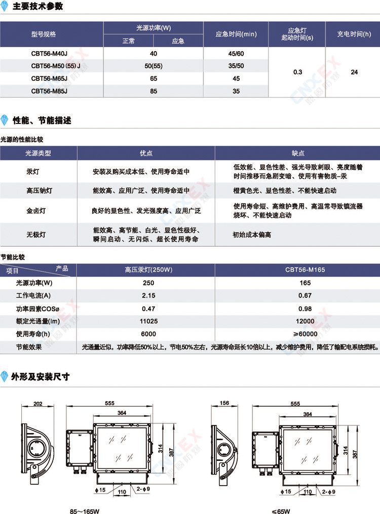 CBT56-M系列防爆泛光灯(免维护节能无极灯)的性能和节能描述、尺寸