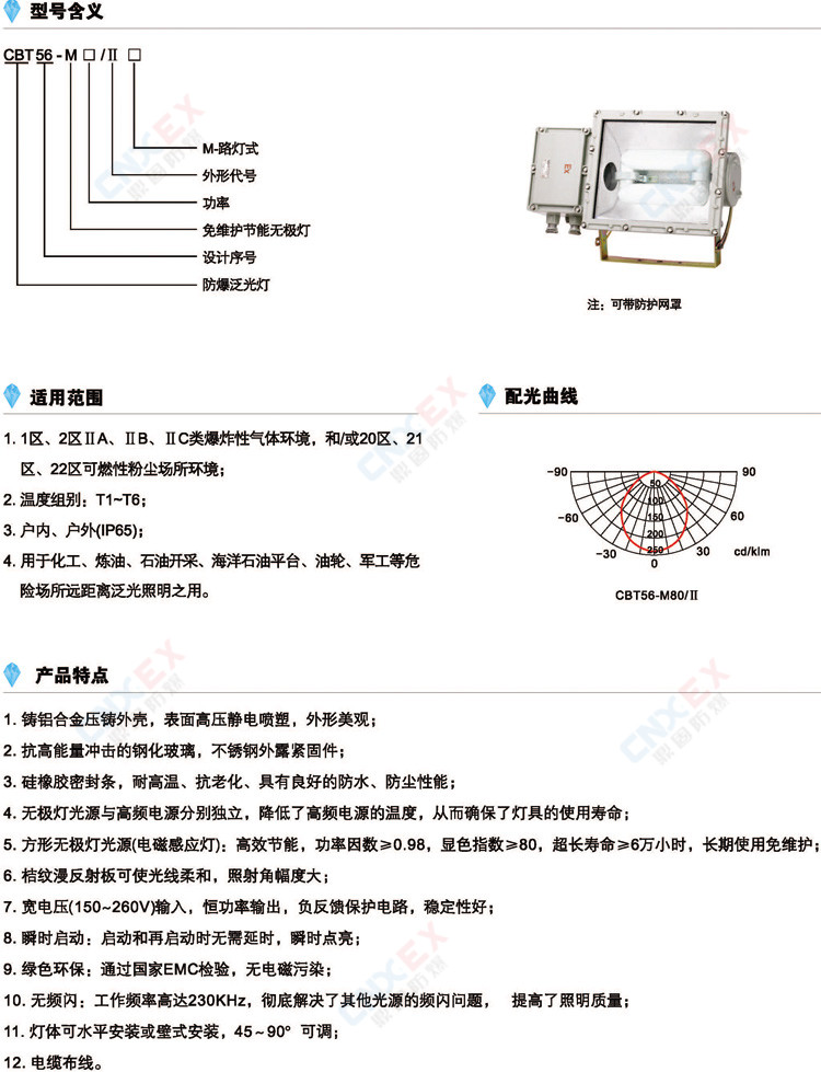 CBT56-MII系列防爆泛光灯(免维护节能无极灯)的型号含义、适用范围、特点