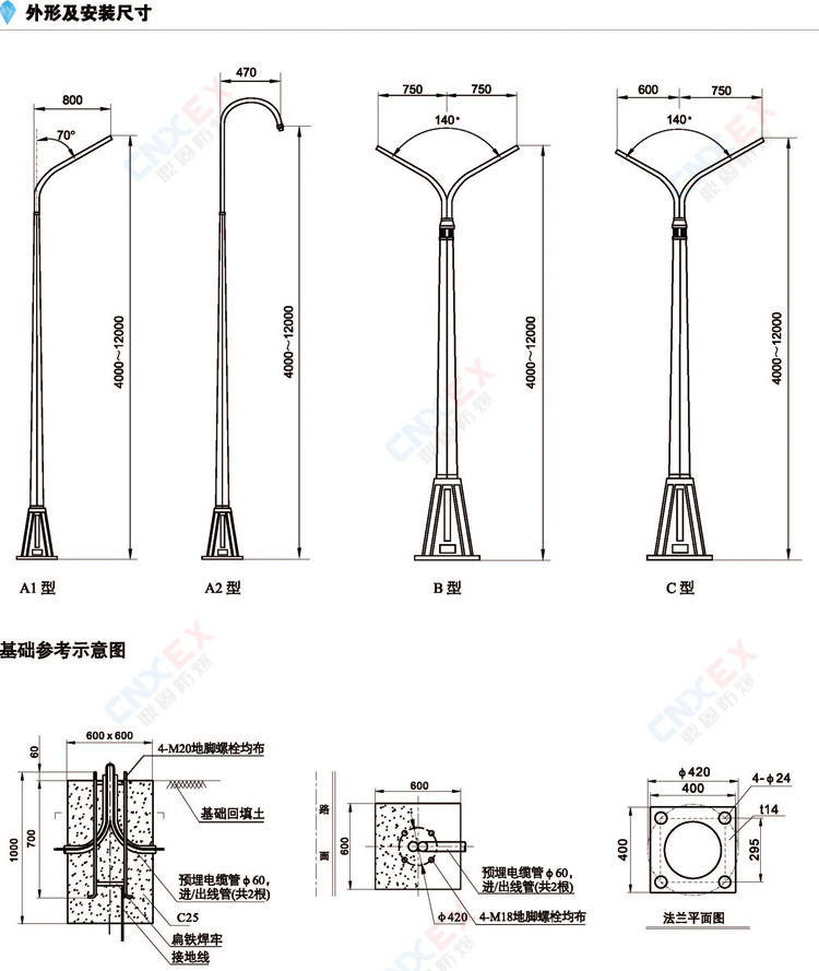 防爆路灯灯杆外形及安装尺寸基础参考示意图