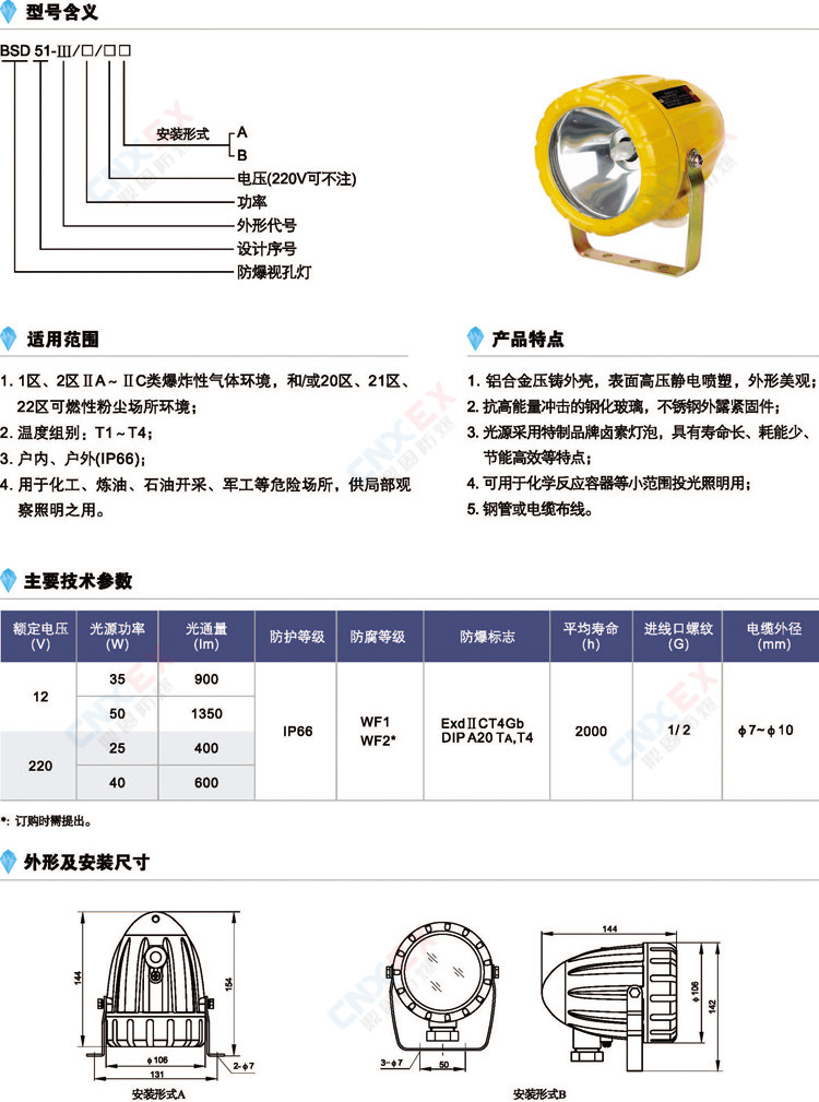 BSD51-III系列防爆视孔灯(IIC/DIP)的型号含义、特点、参数、安装尺寸