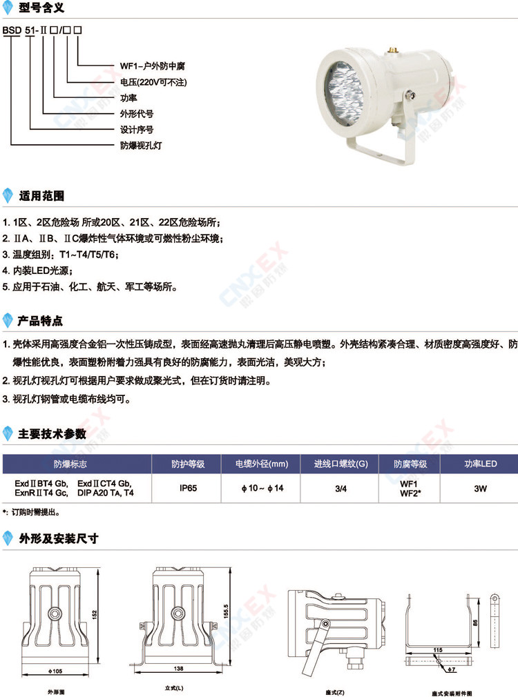 BSD51-II系列防爆视孔灯(IIC)的型号含义、适用范围、特点、参数、尺寸