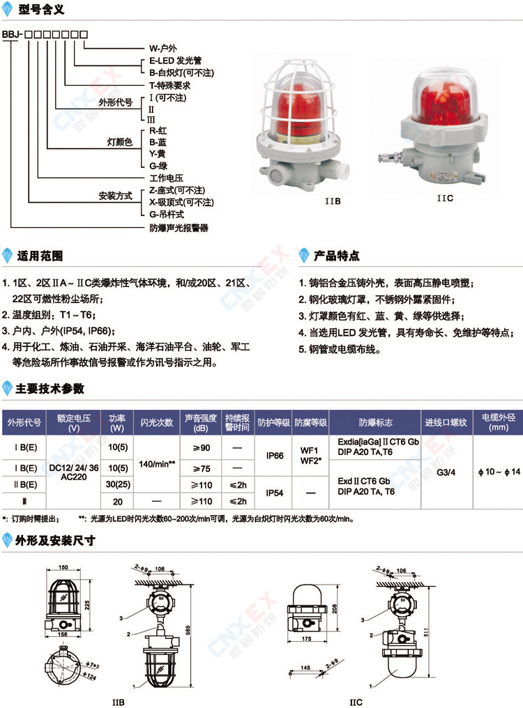 BBJ-系列防爆声光报警器(IIC/DIP)的型号含义、参数、外形及安装尺寸