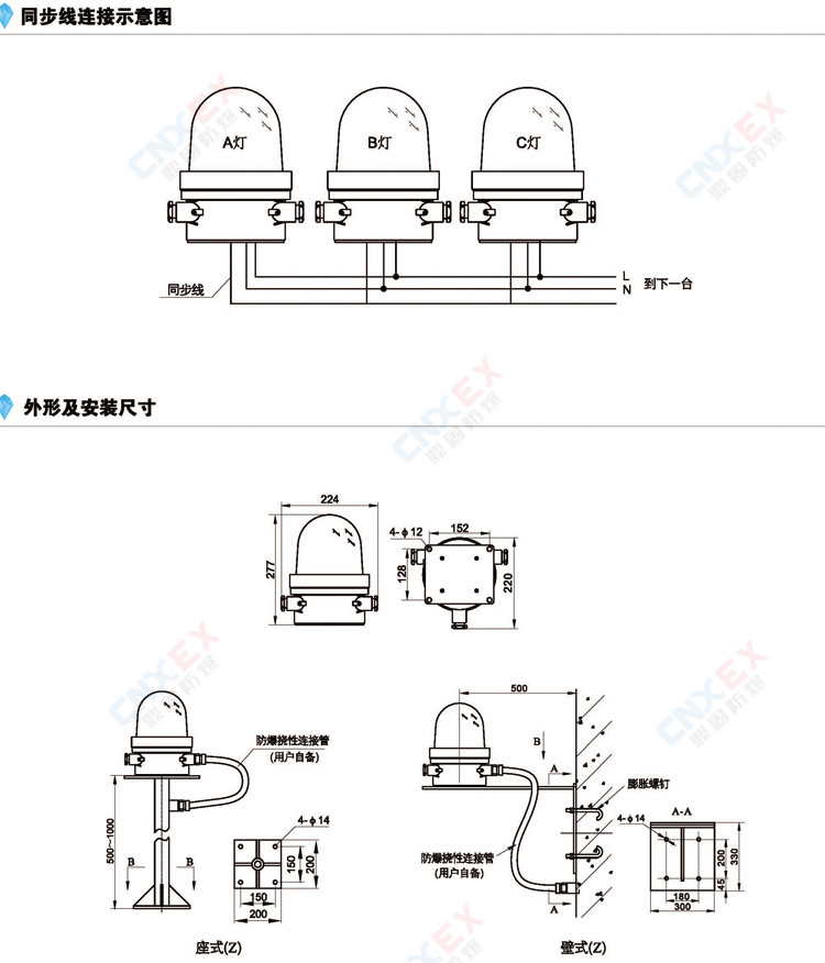 BTD-系列防爆航空闪光障碍灯(IIC/DIP)的同步线连接示意图、尺寸