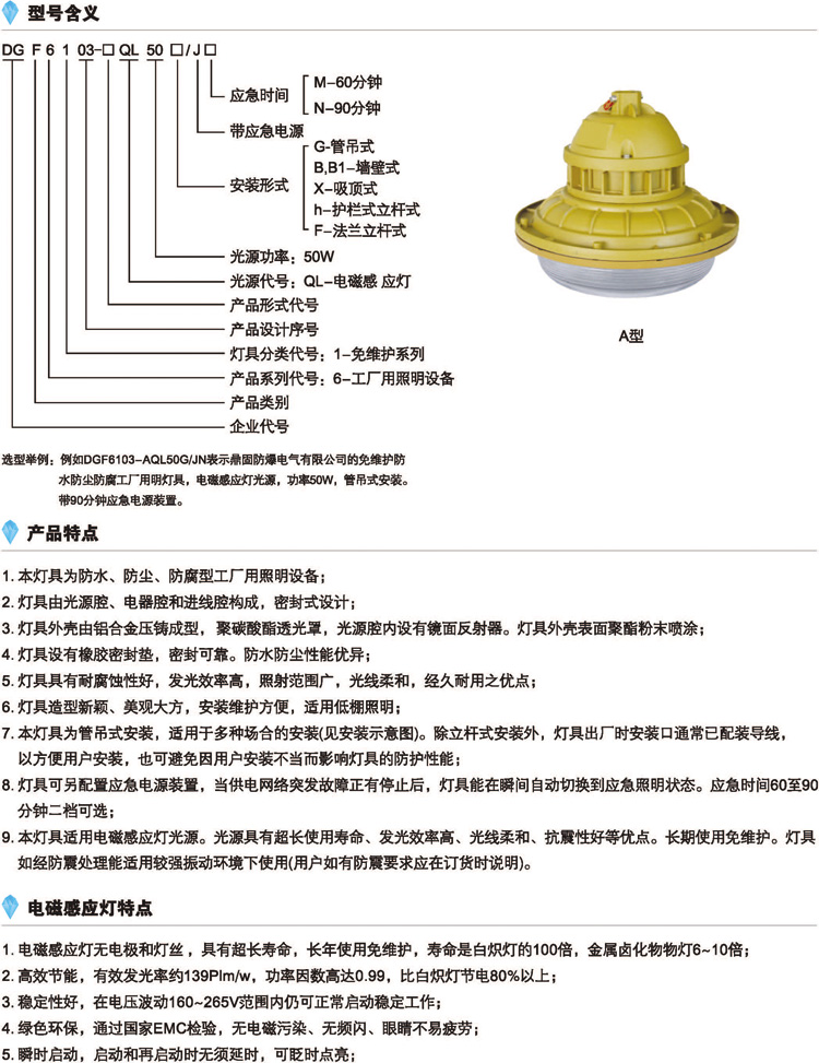 DGF6103-□QL50免维护防水防尘防腐灯的型号含义、特点