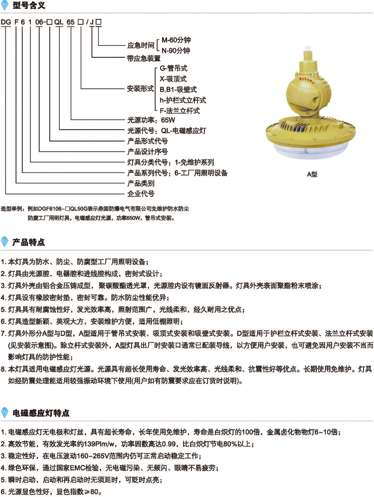 DGF6106-□QL65免维护节能防水防尘防腐灯的型号含义、特点