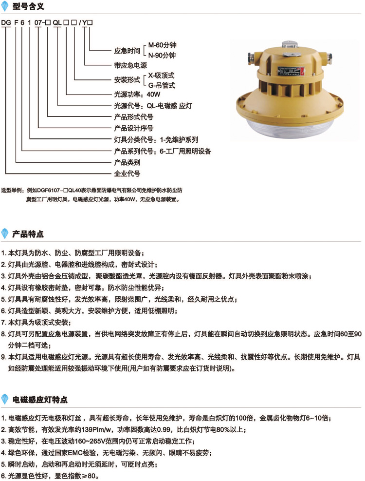 DGF6107-□QL40免维护节能防水防尘防腐灯的型号含义、特点、感应灯特点