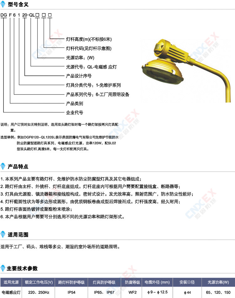 DGF6120-系列免维护节能防水防尘防腐道路灯的型号含义、特点、参数